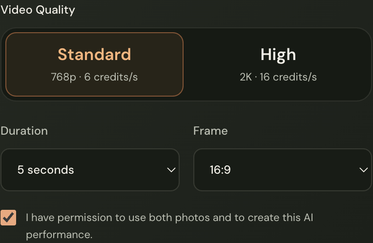 Video quality, duration, frame, and permission controls in the actual generator.